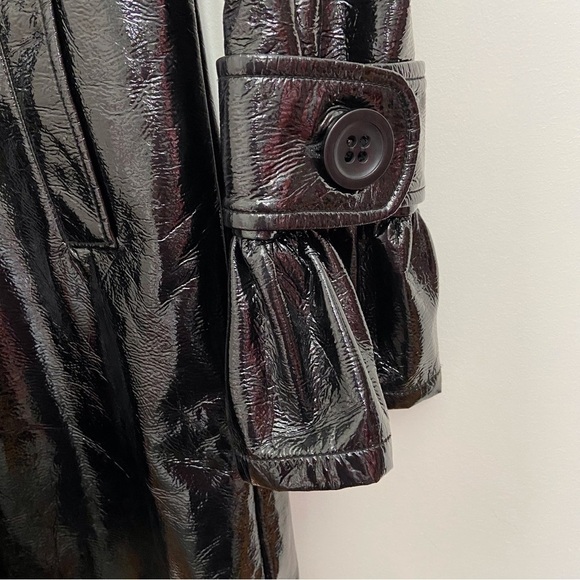 BB DAKOTA black trench coat glossy 60’s 70’s faux patin leather jacket med - Picture 4 of 16
